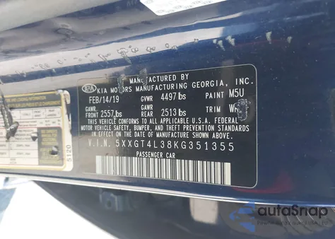 2019 Kia Optima Lx z USA, uszkodzony, nr VIN 5XXGT4L38KG351355